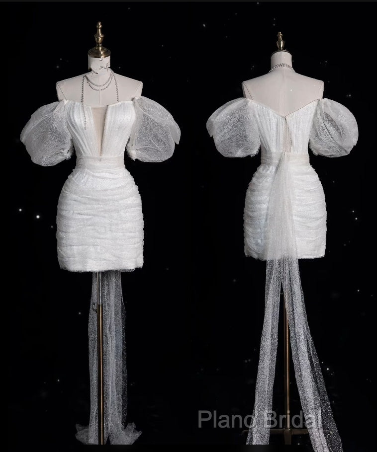Aesthetic Sheath Off The Shoulder White Sequin Short Wedding Dresses Brides Dresses