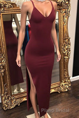 Affordable Long Mermaid Sleeveless V-neck Formal Prom Dresses with Slit