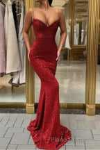 Affordable Sheath Sequins Long Cheap Formal Prom Dress | Spaghetti Straps Sexy Evening Dress