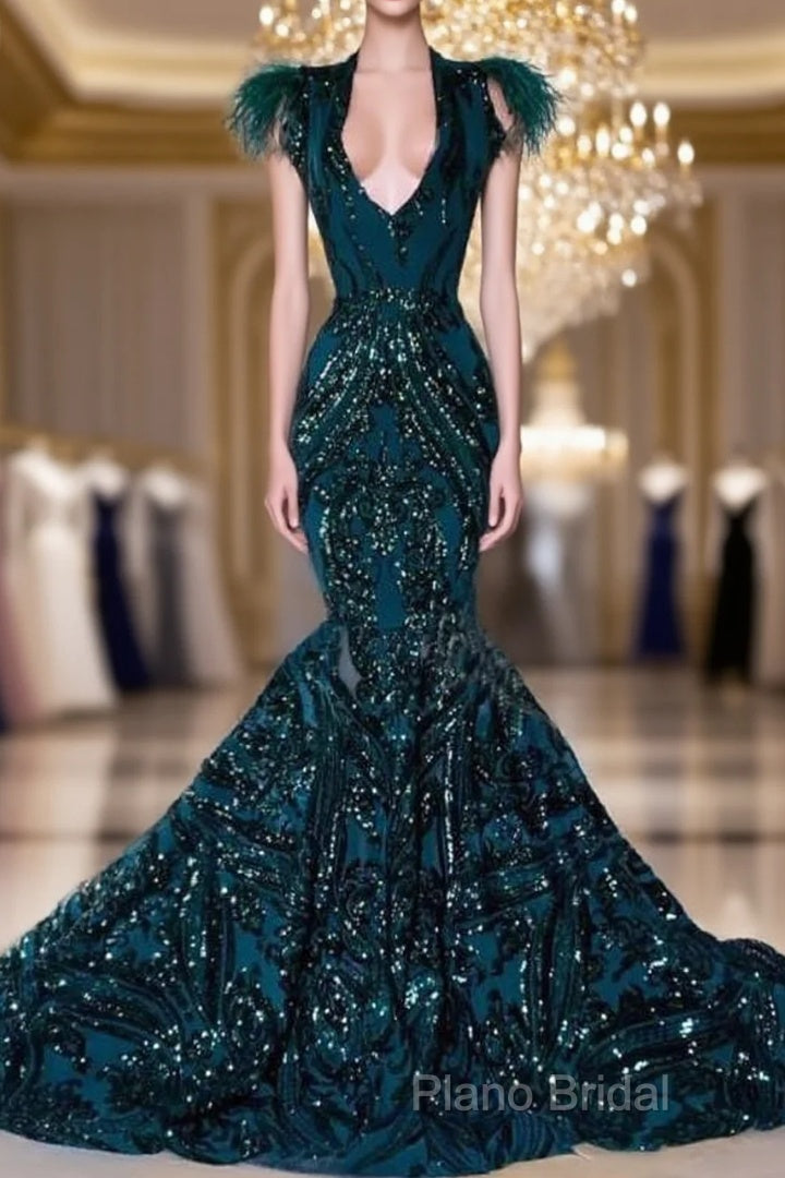 African Black Girls Court Train Feather V Neck Sexy Formal Party Gowns Formal Prom Dresses