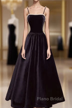 Aline Black Velvet Long Formal Prom Dresses, Black Formal Graduation With Beading