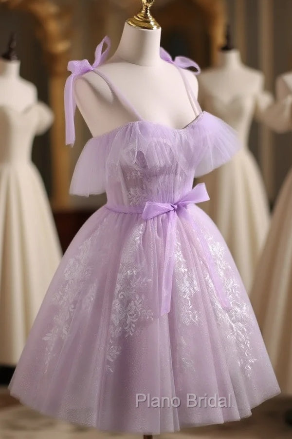 Aline Lace Short Purple Formal Prom Dresses, Puffy Purple Homecoming Dresses