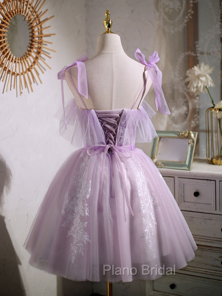 Aline Lace Short Purple Formal Prom Dresses, Puffy Purple Homecoming Dresses