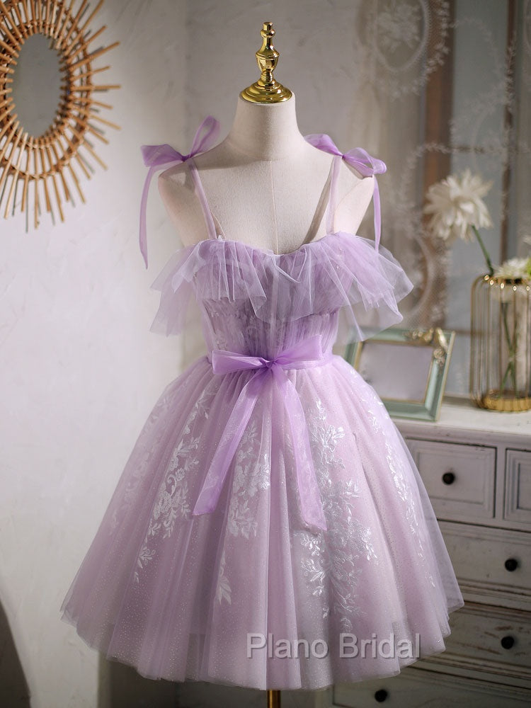 Aline Lace Short Purple Formal Prom Dresses, Puffy Purple Homecoming Dresses Main image