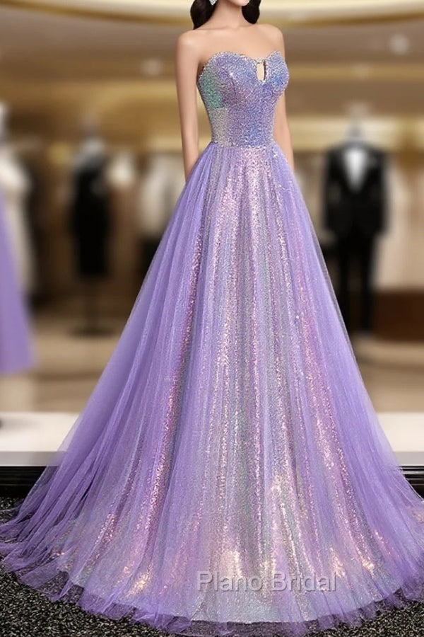 Aline Purple Sweetheart Neck Tulle Long Formal Prom Dresses, Purple Evening Dresses