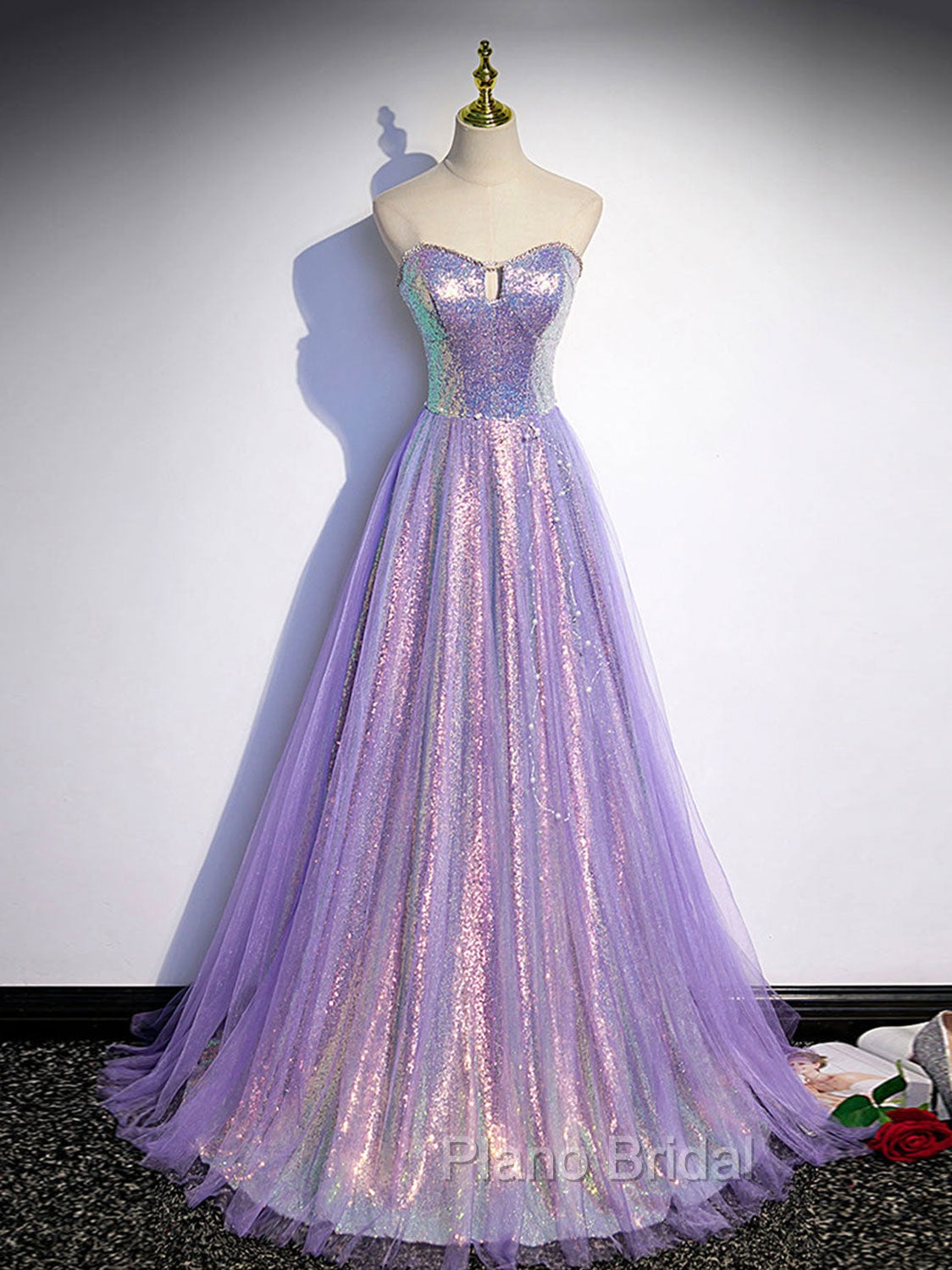 Aline Purple Sweetheart Neck Tulle Long Formal Prom Dresses, Purple Evening Dresses Main image