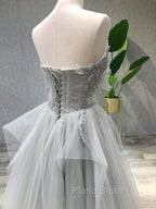A line Tea Length Gray Formal Prom Dresses, Gray Tulle Homecoming Dresses