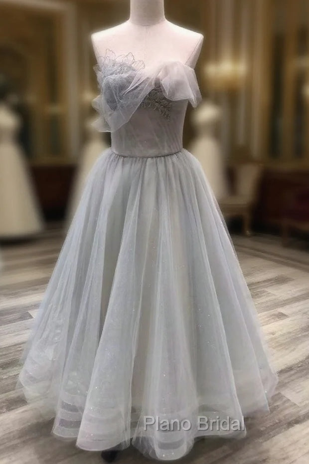 A line Tea Length Gray Formal Prom Dresses, Gray Tulle Homecoming Dresses Main image