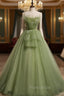 Aline Tulle Green Long Formal Prom Dresses, Green Formal Graduation Dresses with Beading