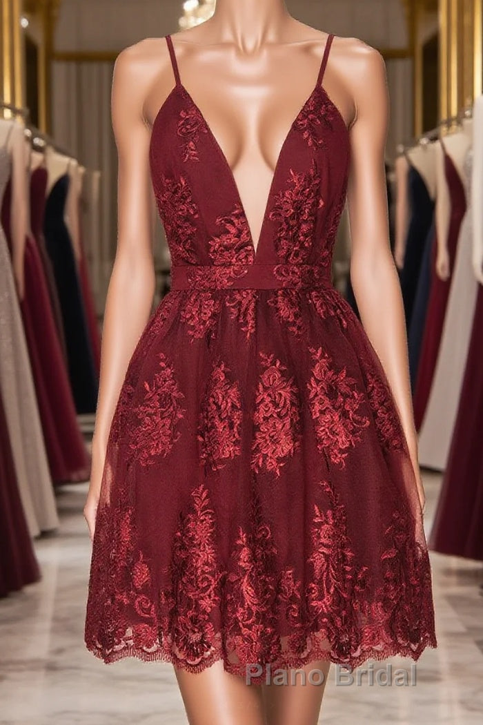 Aline v neck tulle lace short burgundy Formal Prom dresses, backless burgundy homecoming dress
