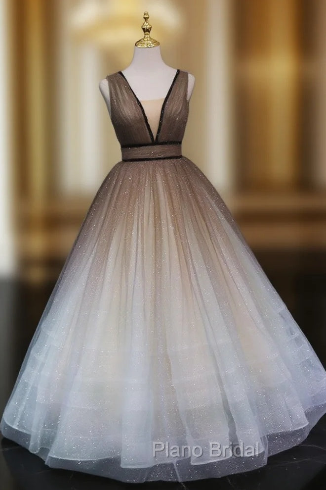 Aline V Neck Tulle Long Formal Prom Dresses Tulle Long Formal Graduation Dresses Main image