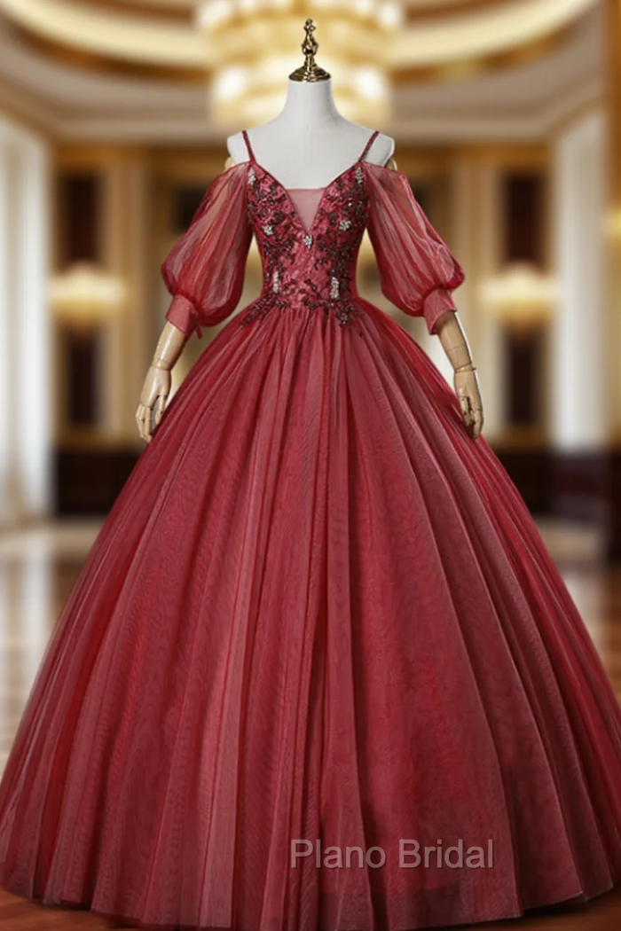 Always Remember Wearing Burgundy Ball Gown Tulle Spagehtti Straps Short Sleeve Quinceanera Dresses Main image