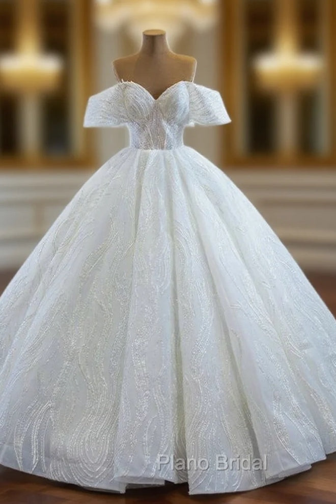 Amazing &amp; Affordable White Ball Gown Tulle Sequins Off the Shoulder Floor Length Wedding Dresses Main image