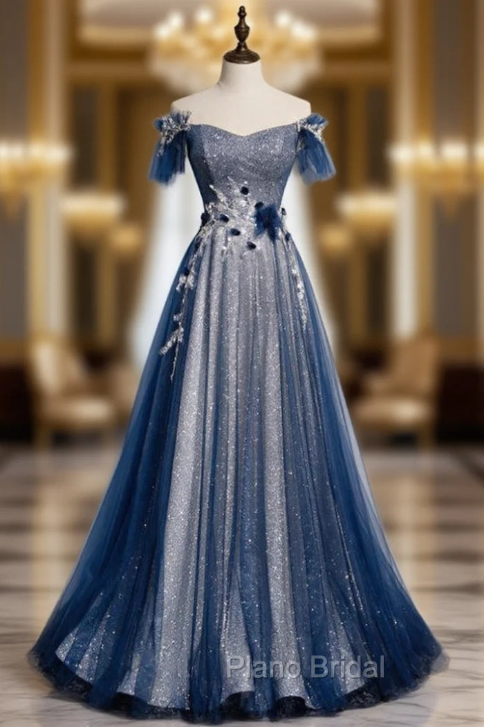 Amazing Blue Tulle Sequins Off the Shoulder Beading Formal Prom Dresses