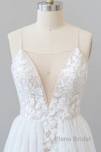 Amazing Long A-line Chapel Train Appliques Tulle Backless Wedding Dress