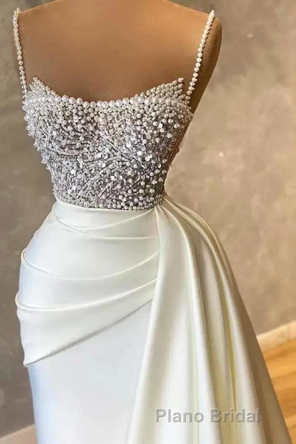 Amazing Long Mermaid Strapless Sequins Pearls Satin Formal Prom Dresses Secondary image