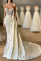 Amazing Long Mermaid Strapless Sequins Pearls Satin Formal Prom Dresses