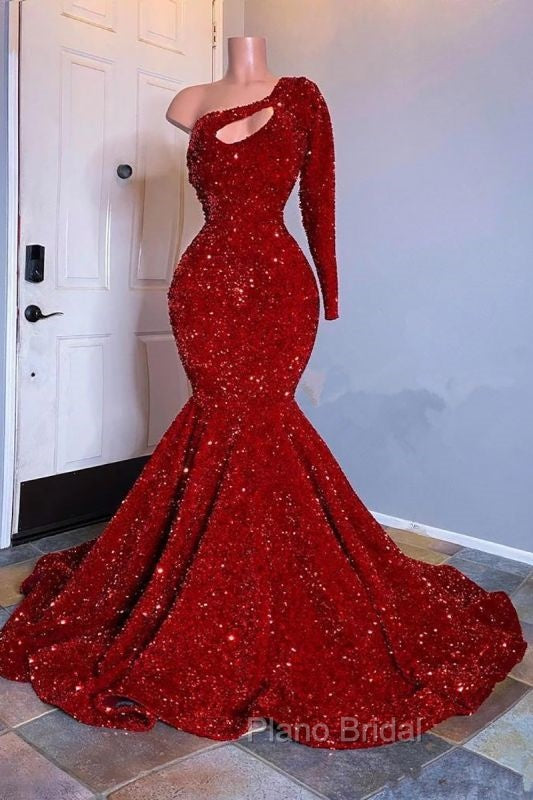 Amazing Red Long Sleeves Formal Prom Dresses One-Shoulder Mermaid With Sequins Secondary image
