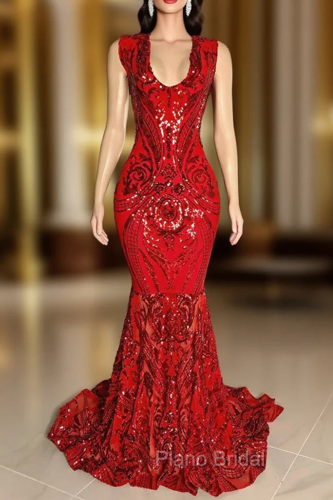 Amazing Sequins Mermaid Formal Prom Dresses Sleeveless V-Neck Online Main image