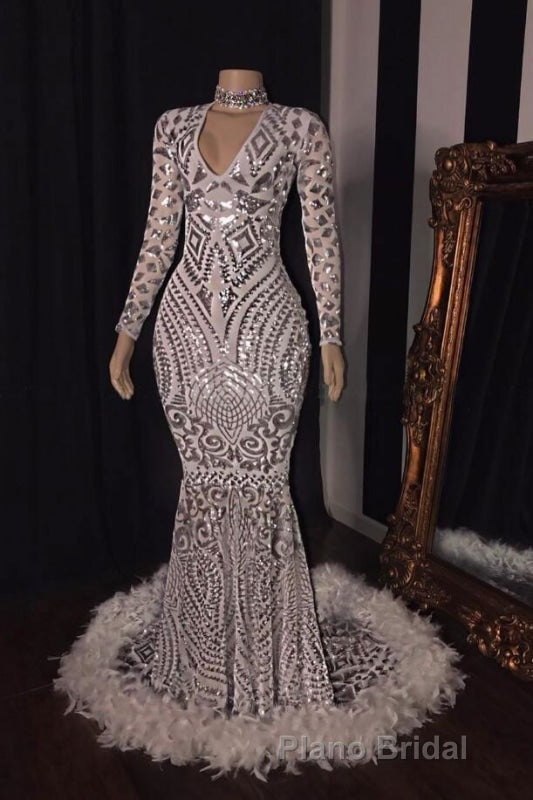 Amazing Sequins V-neck Long Sleeve Mermaid Formal Prom Dresses