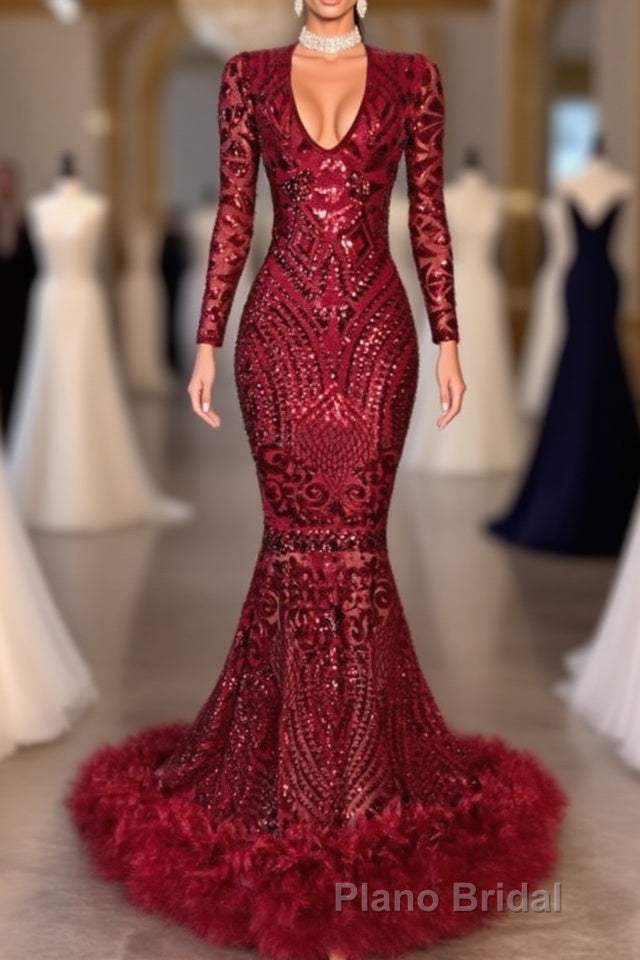 Amazing Sequins V-neck Long Sleeve Mermaid Formal Prom Dresses