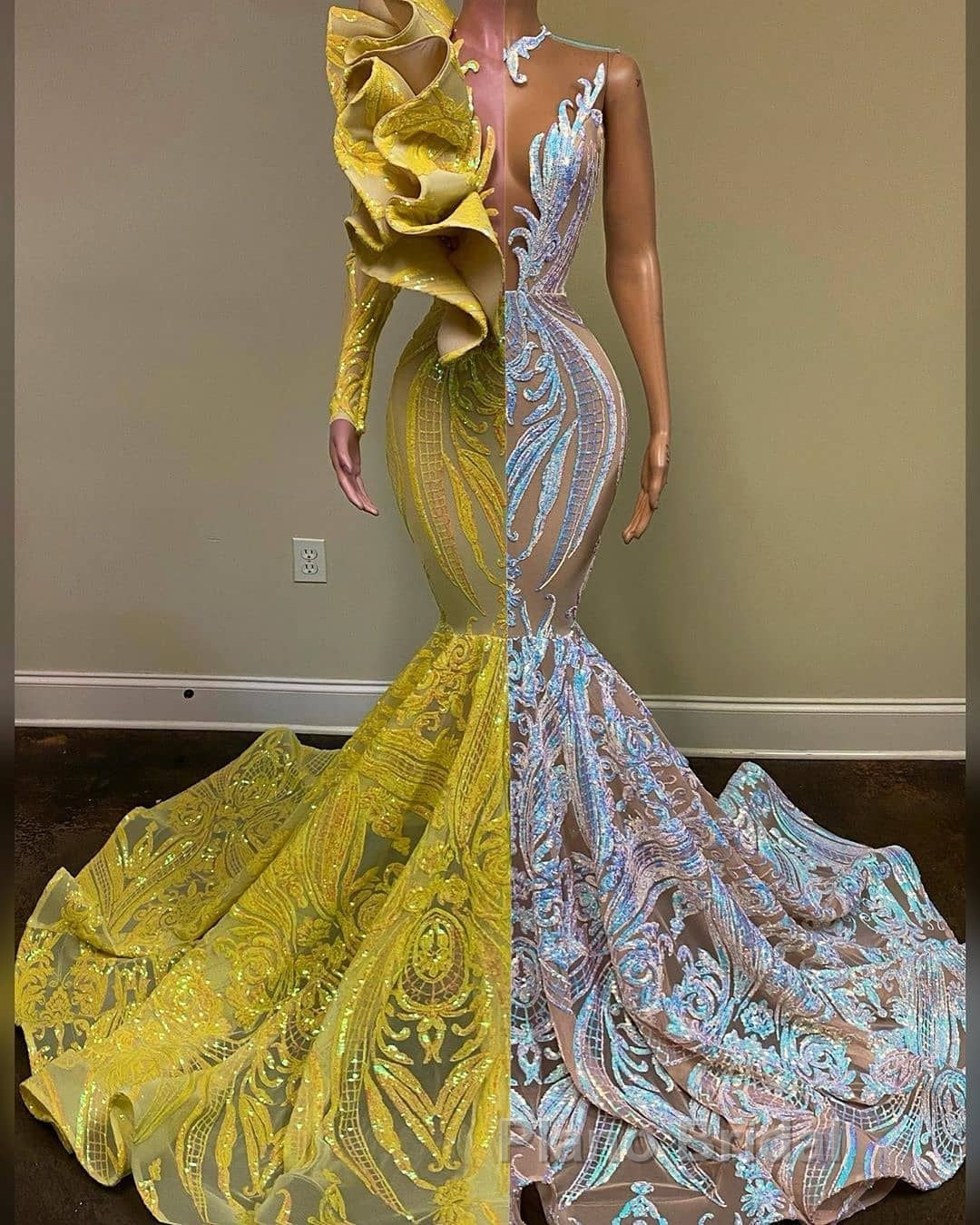 Amazing V-Neck One Shoulder Long Sleeve Long Mermaid Formal Prom Dress