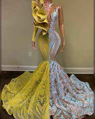 Amazing V-Neck One Shoulder Long Sleeve Long Mermaid Formal Prom Dress
