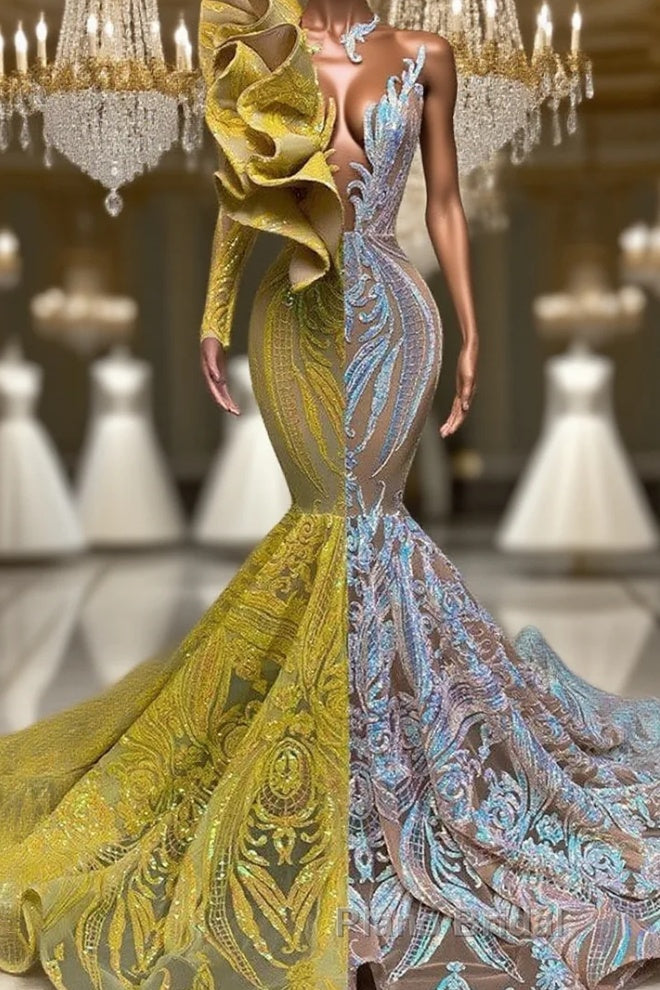 Amazing V-Neck One Shoulder Long Sleeve Long Mermaid Formal Prom Dress