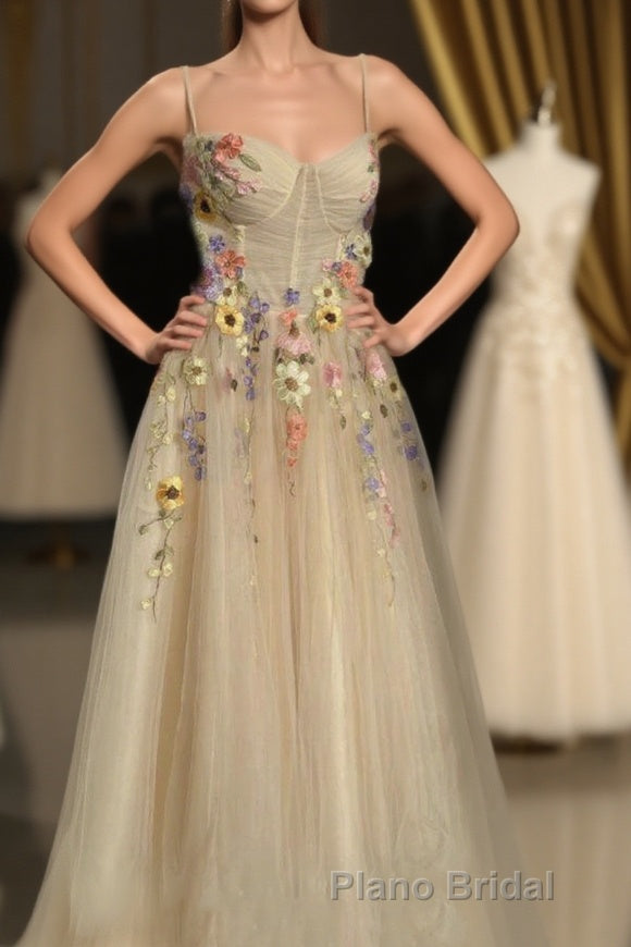 Ankle Length Tulle Straps Formal Prom Dresses with Flowers, A Line Party Gown Main image