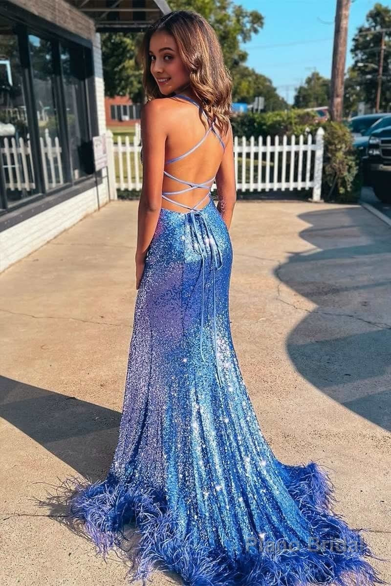 Blue Sequin Feather Lace-Up Back Mermaid Long Prom Dress with Slit Secondary image