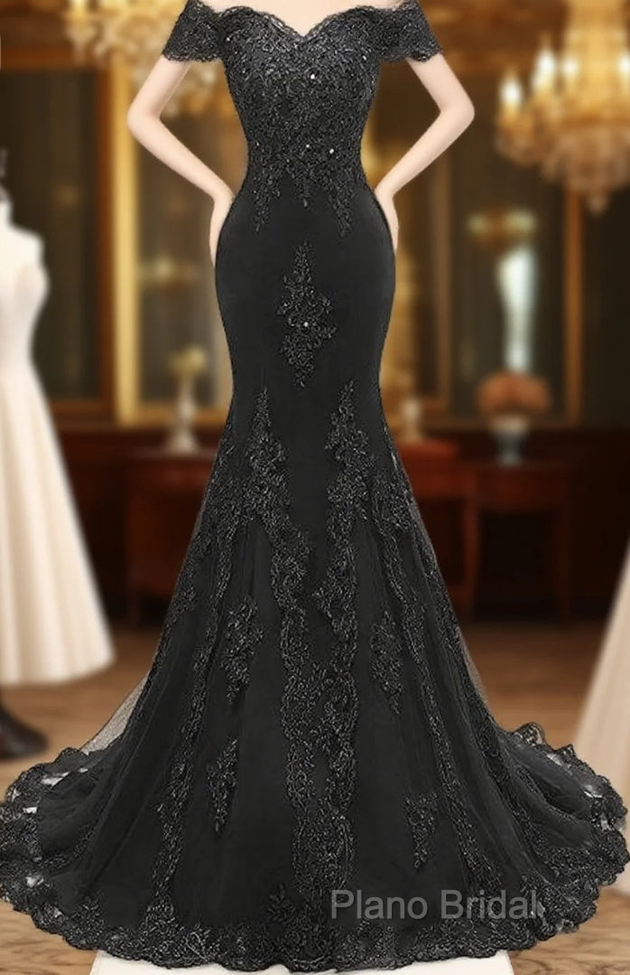 Applique Off The Shoulder Black Mermaid Long Formal Dresses
