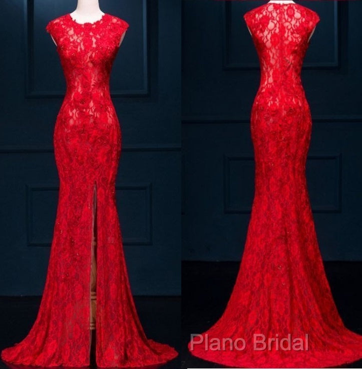 Appliques Lace Mermaid Formal Dresses, Sexy Red Long Formal Prom Dresses Main image