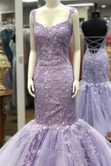 Appliques Mermaid Backless Lavender Straps Purple Lace Formal Prom Dresses