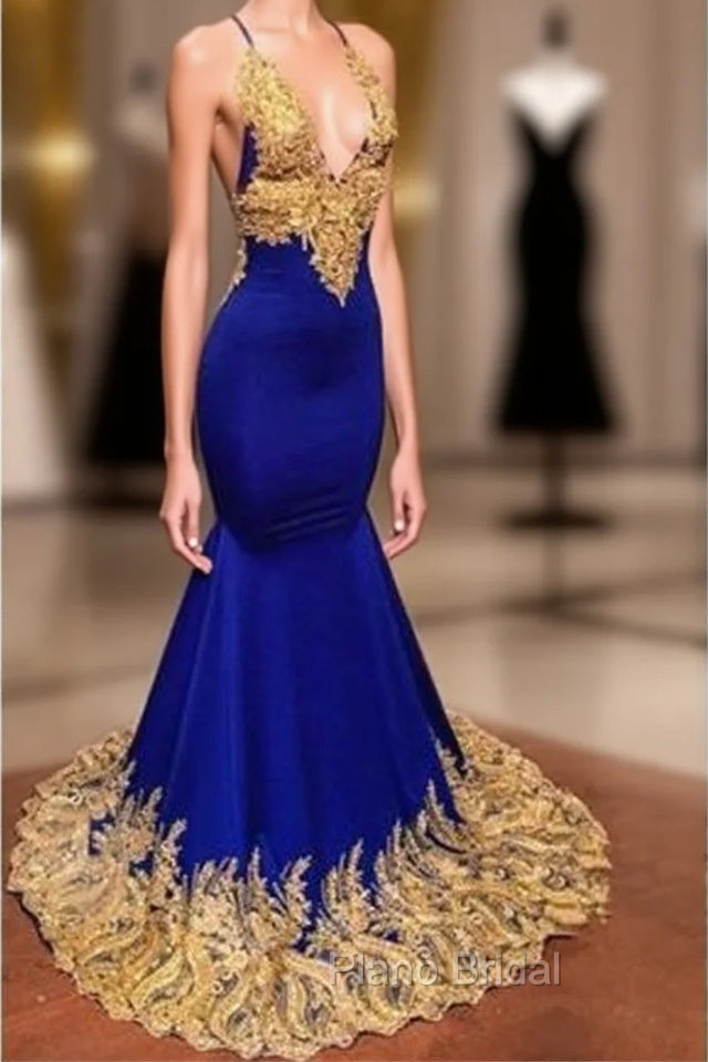 Appliques Spaghetti Sleeveless V-neck Mermaid Formal Prom Dresses Main image