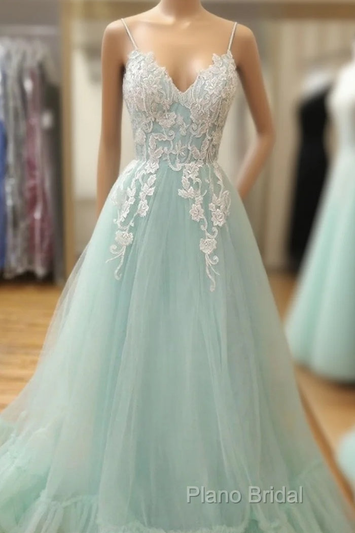 Appliques Spaghetti Straps Mint Green Tulle A Line Formal Prom Dresses Main image