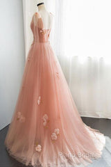 Appliques Straps Long Pink Tulle Flowers Formal Prom Dresses