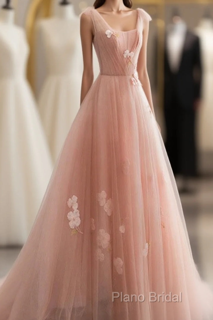 Appliques Straps Long Pink Tulle Flowers Formal Prom Dresses Main image