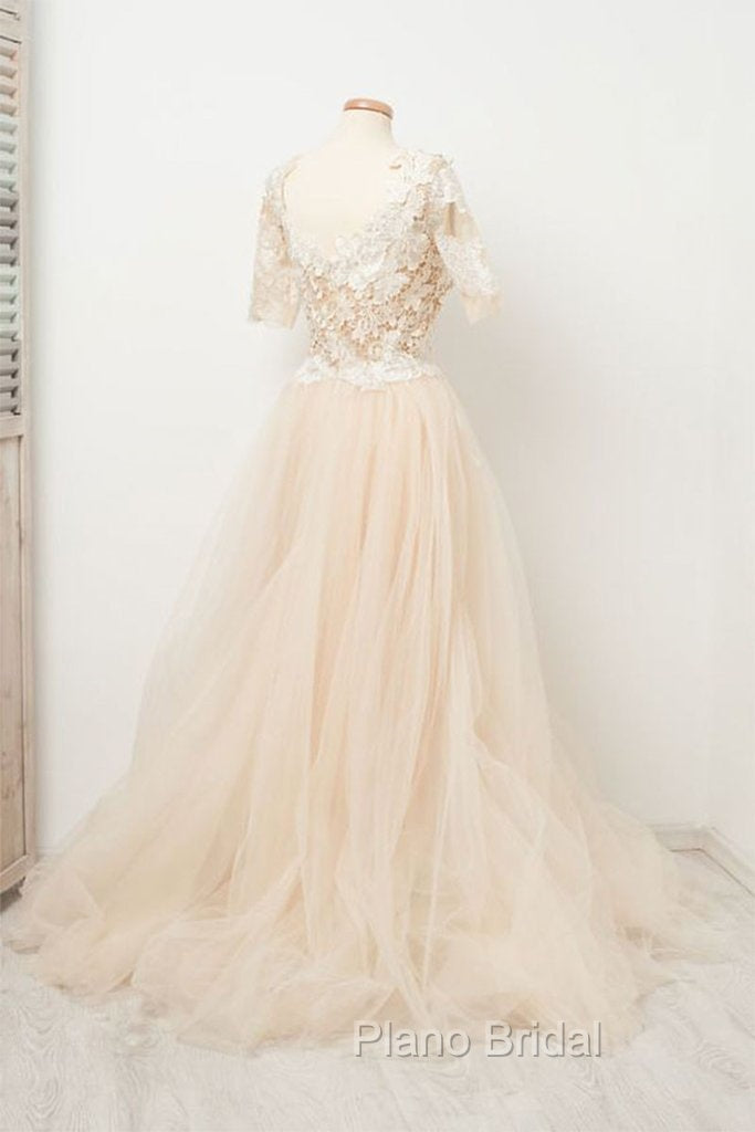 Appliques Tulle Lace Light Champagne Long Formal Prom Dresses