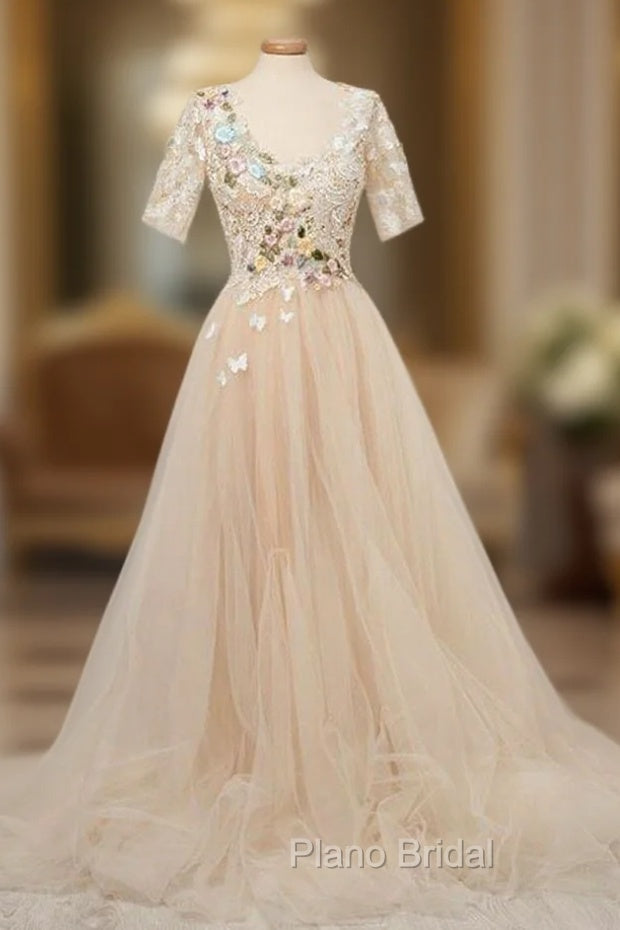 Appliques Tulle Lace Light Champagne Long Formal Prom Dresses Main image