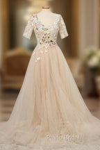Appliques Tulle Lace Light Champagne Long Formal Prom Dresses