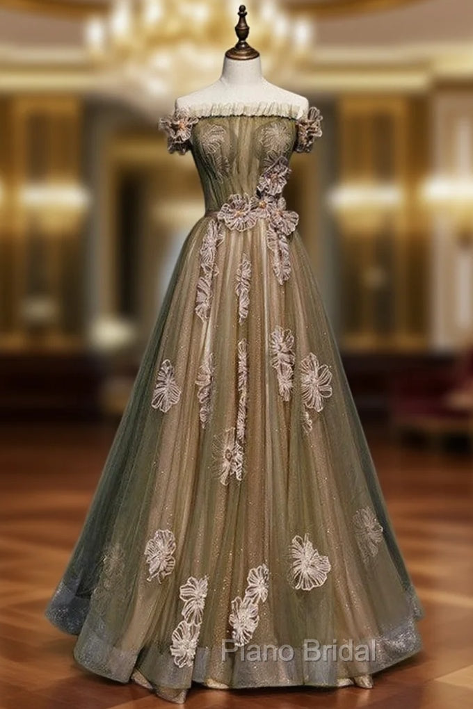 Army Green Tulle Off the Shoulder Formal Prom Dresses Main image