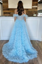 A Line Off the Shoulder Tiered Tulle Prom Dress With Slit