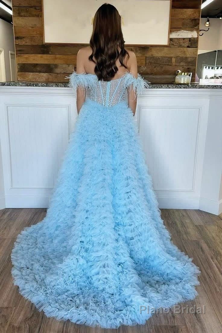 A Line Off the Shoulder Tiered Tulle Prom Dress With Slit