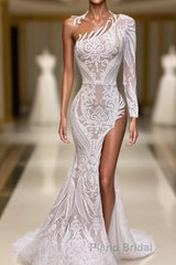 Asymmetrical Mermaid High Split One Shoulder Floor-length Long Sleeve Appliques Lace Formal Prom Dress