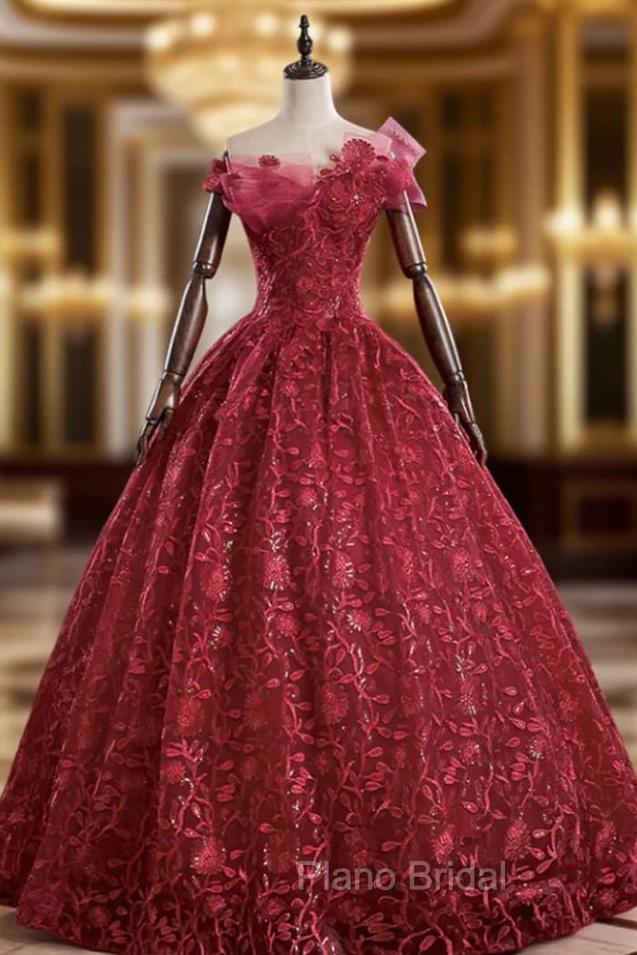 At Great Prices Burgundy Ball Gown Lace Sequins Off the Shoulder Quinceanera Dresses Main image