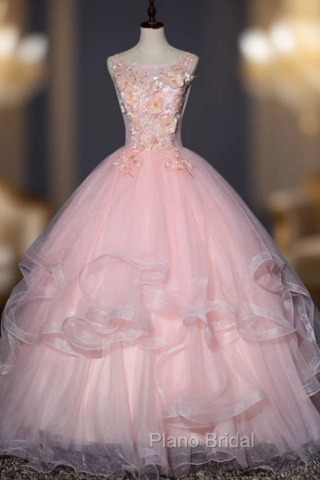 At Great Prices Pink Ball Gown Tulle Appliques Sleeveless Quinceanera Dresses