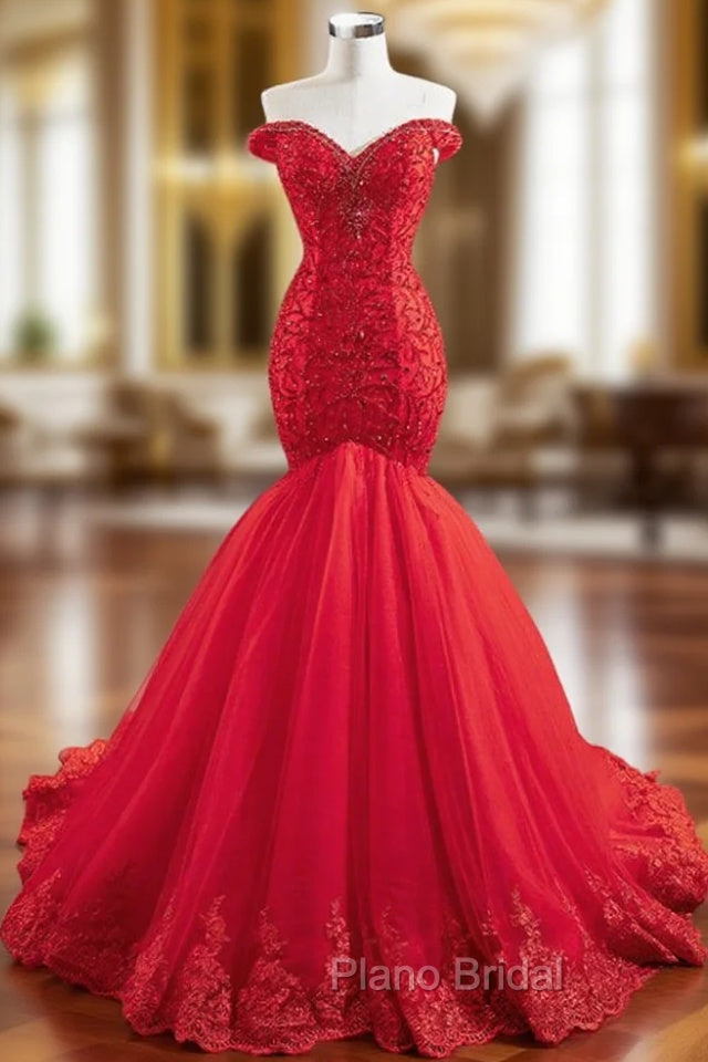 At Great Prices Red Mermaid Tulle Off the Shoulder Handwork Formal Prom Dresses Main image