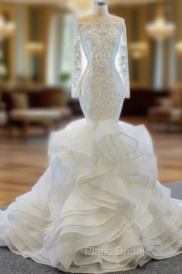 At Incredible Price White Mermaid Tulle Off the Shoulder Long Sleeve Wedding Dresses