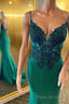 Straps Green Appliques Mermaid Long Prom Dresses