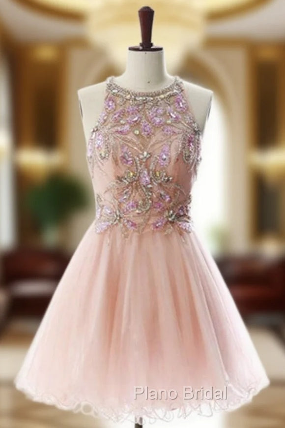 Attractive A lines Pink Homecoming Dresses Open Back Sleeveless Beaded Scoop Mini Homecoming Dresses Main image